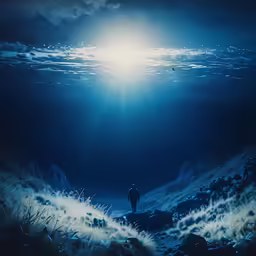 a person standing in the ocean watching the sun shine through the sky