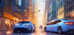 the two vehicles are parked next to each other on the street,two white sports cars driving in a city with tall buildings