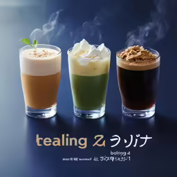 the poster is advertising three beverage drinks in glasses with their contents