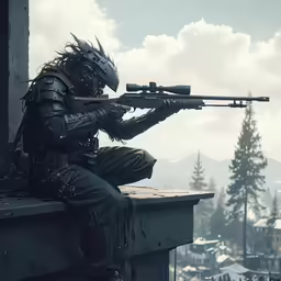 a man is sitting on a ledge and aiming