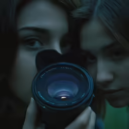 two girls with camera in their hands looking at picture