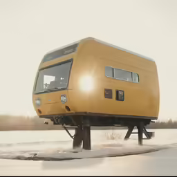 an electric vehicle sitting on a flat bed in the snow