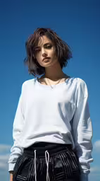 a person that is posing for the camera,a female model with black hair and wearing a white sweatshirt