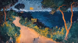 an aerial view of people walking down a dirt path