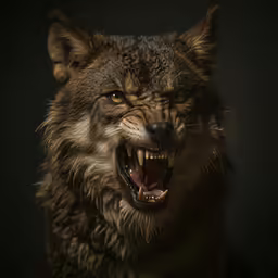 a close up of a snarly wolf face