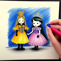 a drawing of two girls dressed in dresses,a drawing of two people holding hands and wearing princess dresses
