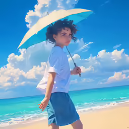 the young boy in shorts and a t - shirt stands on a beach holding an umbrella