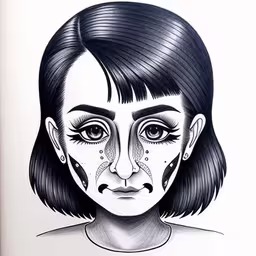 the drawing depicts a girl with dark hair and large black face,drawing of a girl with the facial markings of birds painted on her face,the woman is dressed in black with her head tilted,black and white portrait with artistic lines on the face of a young girl,a black and white drawing of a young woman with dark hair