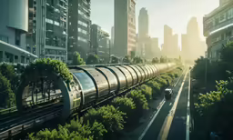 the train is travelling in a city as the sun sets