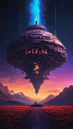 a strange looking object with the wordlegl on it,a large spaceship floating over a valley on top of a mountain