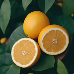three oranges with leaves and one has a yellow center