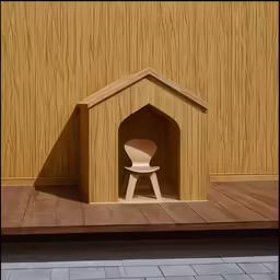 a wooden dog house next to a wall