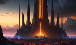 a very tall, tall castle with a bunch of light beams,a group of people walk through the desert on top of an illuminated building