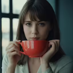 a woman wearing white is drinking a red cup