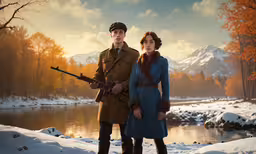 man and woman standing in the snow with rifles,a man and woman are dressed in uniform holding a rifle