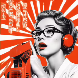 a lady with big glasses and headphones holds a microphone