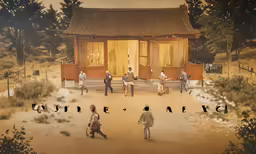 an image of several people outside a small building