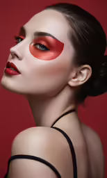 the woman is wearing red makeup and is looking upward