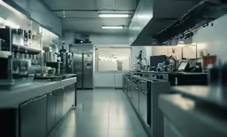 there is a kitchen with a long counter