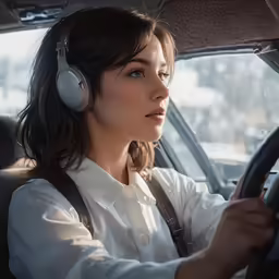 a beautiful young lady wearing headphones sitting in a car