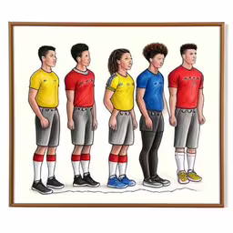 a cartoon of a group of children in different sports clothes,this painting depicts five young people standing in a line