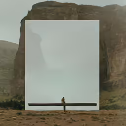 a person sitting on a wooden bench in front of a mountain