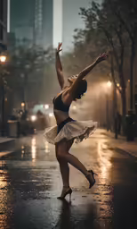 a woman in black bra and white skirt dancing on a street