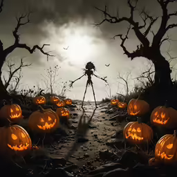 the silhouette of a figure in front of halloween pumpkins