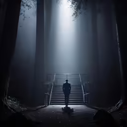 a person standing at the top of stairs in the woods
