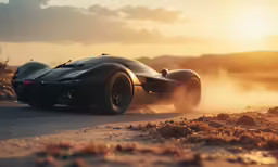 a dark - colored, classic car rides on the road in front of the sun