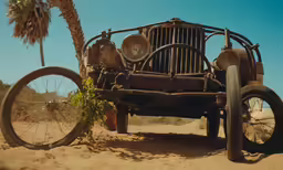 the old car sits on the sand and has a tire hanging from it