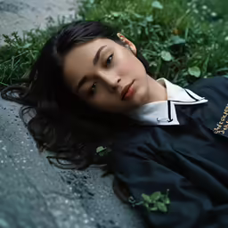 a woman in a white collar and black coat laying on the grass
