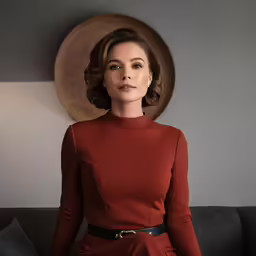 a women in a red dress is wearing a black belt