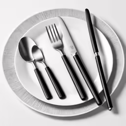 black and white plate with knives, forks, and spoons