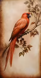 a painting of a bright orange bird perched on a branch