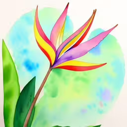 a colorful bird of paradise flower in front of a white background,this is a drawing of a large colorful flower