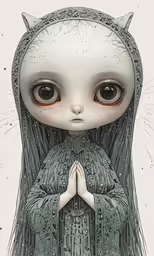 a creepy looking doll with her hands in her pockets