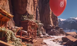 a heart balloon flying over a rocky mountain valley