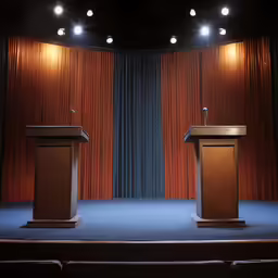 two large brown podiums with speakers sitting on them