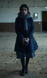 a woman wearing a coat, skirt and sweater holding a camera
