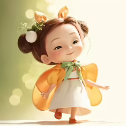 a little doll wearing a yellow and white dress