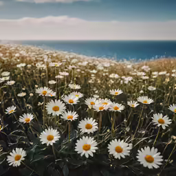 there is a large field of daisy flowers near the ocean