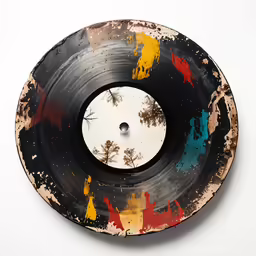 there is an old record painted black, yellow, red, blue and orange