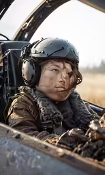 a female soldier has her head in the back of a vehicle