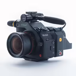 a professional video camera on white background