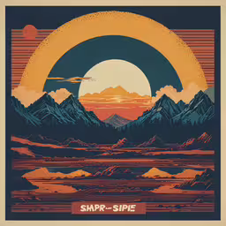 an image of the sun setting over mountains,a painting with mountains and clouds with the sun rising