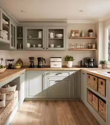 a kitchen with green cabinets and wooden floors