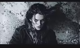 black and white photo of woman with hair blowing