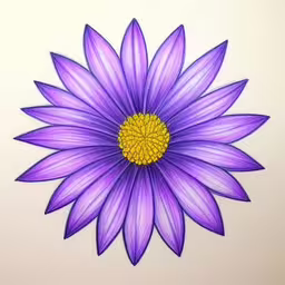 an image of a purple flower drawn in chalk,the purple and yellow flower is shaped like a large star,the picture is a beautiful purple daisy in color,a colored drawing of a purple flower with yellow center,a drawing of a purple flower sitting on top of a table
