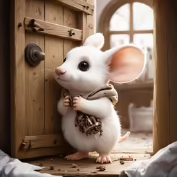 a white rat in a house is posing for the camera